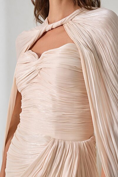 Setre Wide-Cut Evening Dress with Mink Cape and Drape Details