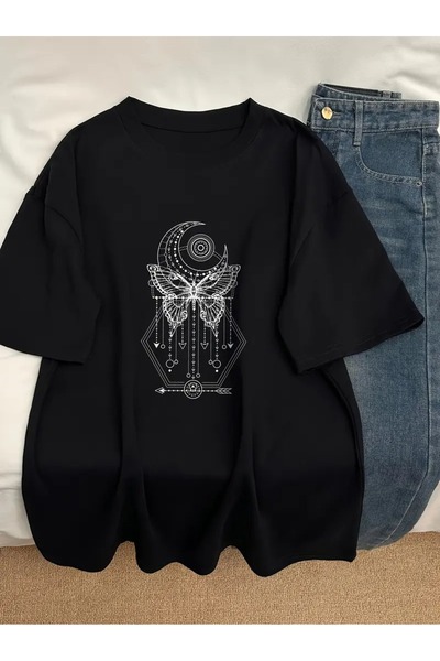 LAND MODA Loose Fit Short Sleeve T-Shirt for Women - Black Geometric Print, 100% Rayon,