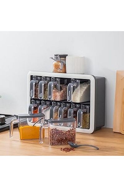 Mu Art Porsima 1118 12Pcs Stand Self Adhesive Spoon Lid Spice Rack Storage Container Set - Antra