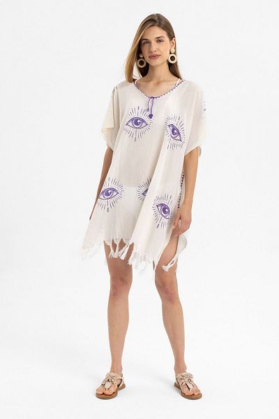 Deriderim Cotton Beach Dress - Cream, Short Sleeve, Tassels and Eye Pattern
