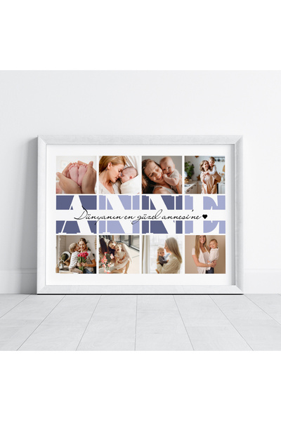 CKA Tasarım Pictură cu design cu ramă albă cu fotografii, scrisă la cea mai frumoasă mamă din lume, cadou de Ziua Mamei