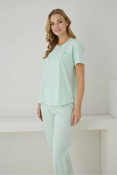 Pijamoni Single Jersey Fabric Button Collar Short Sleeve Pistachio Green Pajama Set - 2552