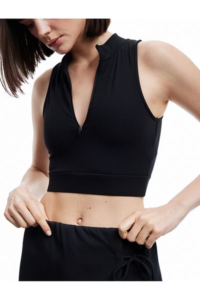 Koton Zipper Stand Collar Slim Fit Sleeveless Interlock Sports Bra