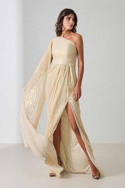 Setre Bone Gold One Shoulder Drape Detailed Full Mold Long Evening Dress