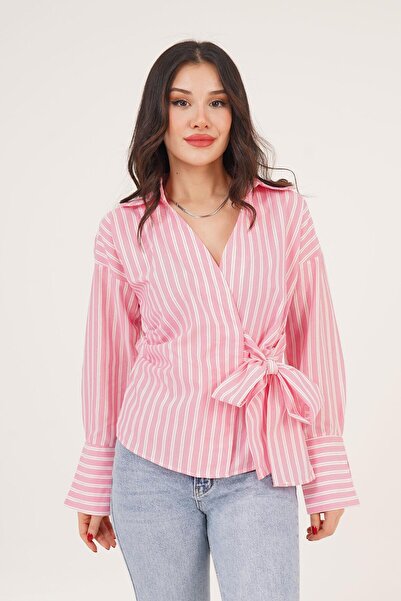 Hipo Trend Yandan Bağlama Detaylı Çizgili Pembe Gömlek