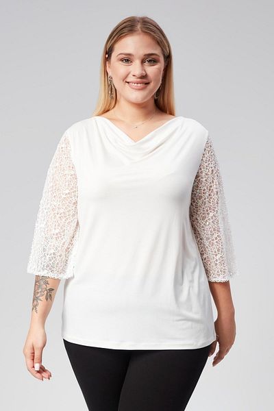 Seamoda Large Size Degaje Collar Sleeve Sequin Embroidered Evening Dress Blouse-Ekru