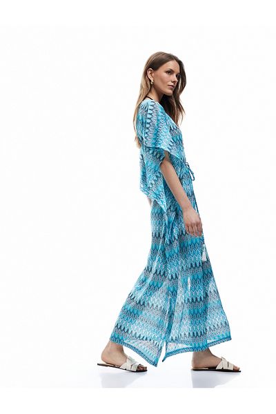 Koton Comfortable Fit V-Neck Lacing Detailed Patterned Long Kimono Beach Dress