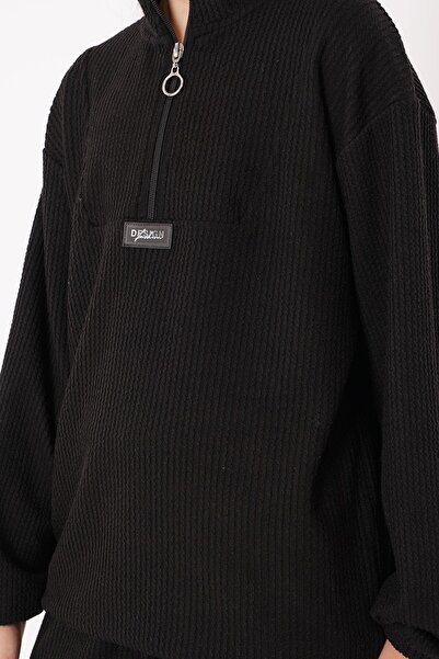 zepkids Turtleneck Black Girl's Tracksuit Set - with Crest Detail and Zipper