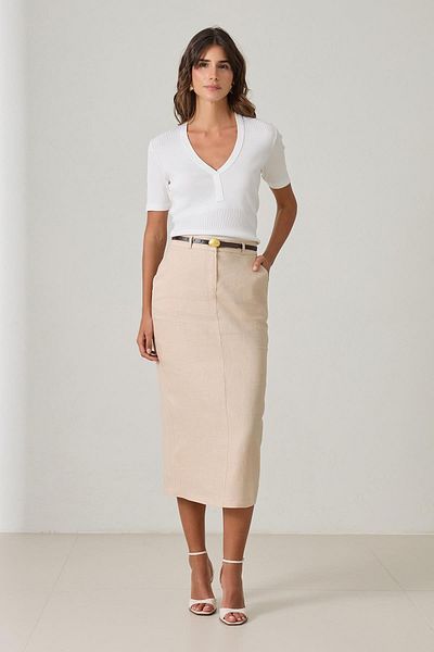 Setre Beige 100% Linen Midi Length Skirt with Belt Detail