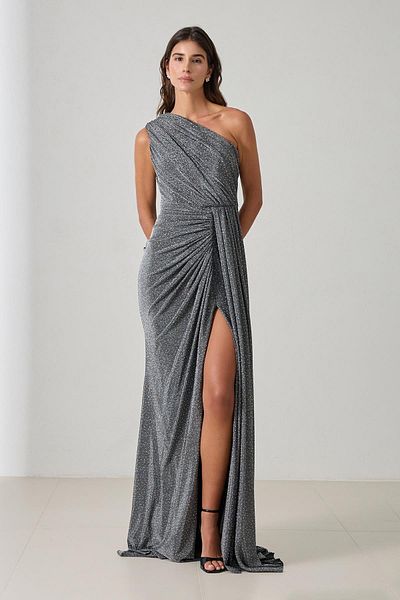 Setre Black One Shoulder Long Evening Dress with Slit and Waist Detail