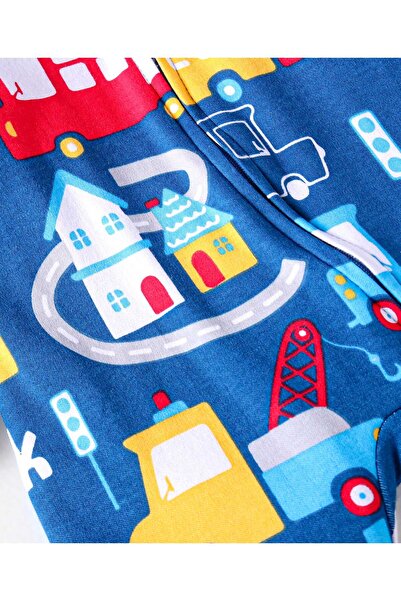 Babyhug Babyhug Cotton Knit Full Sleeves Footed Sleep Suit With Vehicle Print - Blue