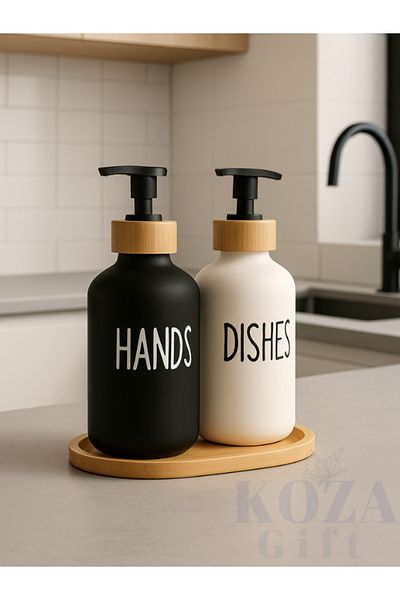 keyfisepet en keyifli sepet Set of 2 Porcelain Soap Dishes Black White 500 ml with Wooden Stand Pump
