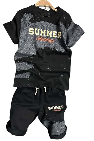 Riccotarz Boy's Summer Summer Printed Black Shorts Suit with Pocket and Rope Detail