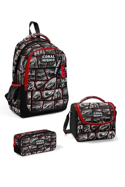 Coral High Set de 3 genți de școală cu model mașină roșu negru pentru copii SET0114429