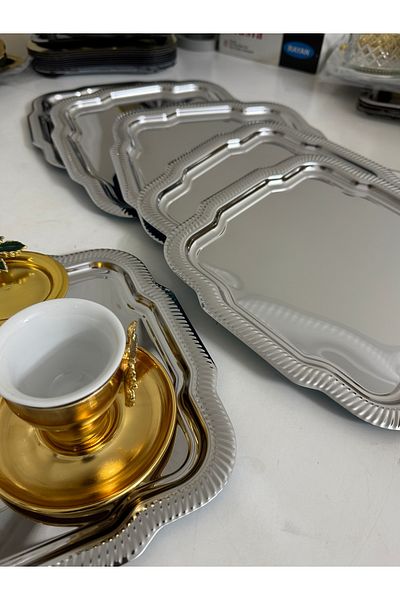 Elzemm store Stainless Steel 6 Pieces Daisy Model Square Edge Patterned Serving Tray
