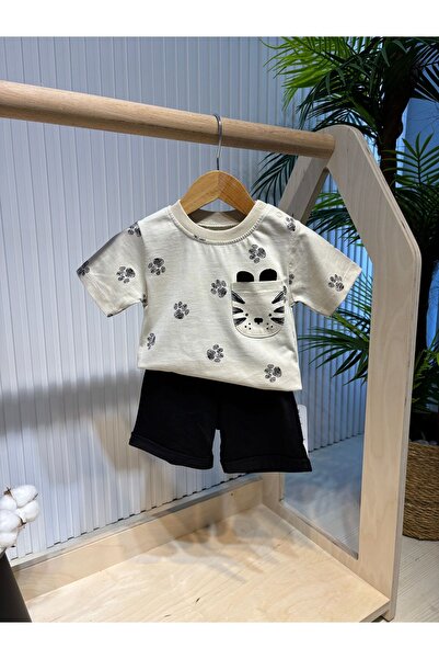 Canbi Kids Baby Boy Cotton Cat Paw Printed T-Shirt Black Shorts Combed Cotton Set of 2