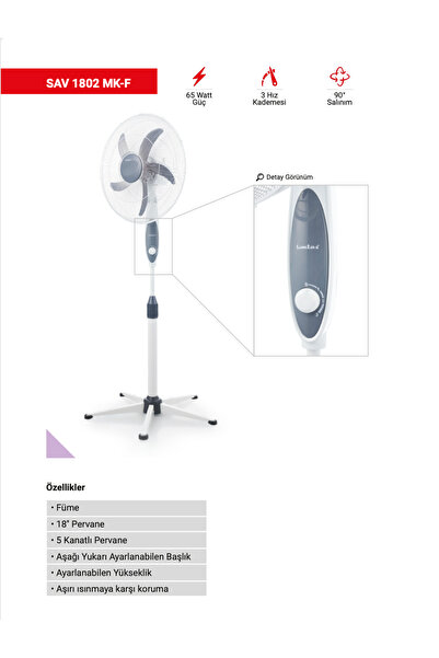 SİMTAŞ Simtaş SAV 1802 MK 18" Vantilatör 65W, 3 Hız Kademeli, Salınımlı