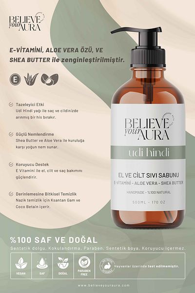 Believe Your Aura Udi Turkey Oil Skin Soap - Natural Liquid Soap with Vitamin E Aloe Vera Shea Butter Addition - 500 ml
