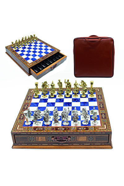 GGS GrandGiftStore Premium Ahşap Çekmeceli El Işi Satranç Takımı Metal Roma T...