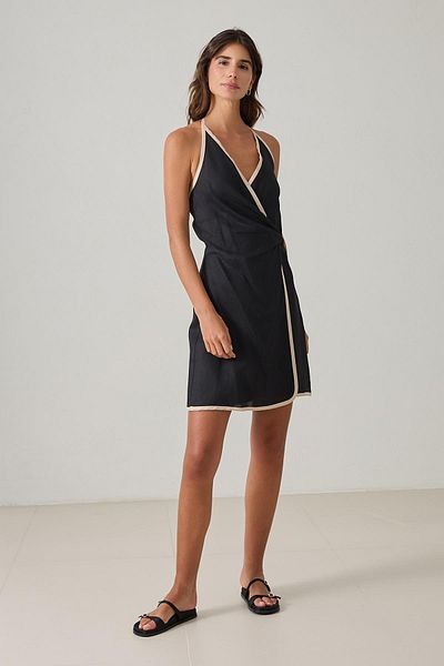 Setre Black 100% Linen Asymmetrical Stripe Detailed Mini Dress