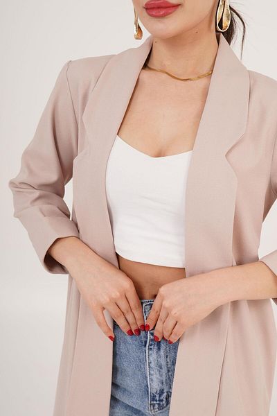 Hipo Trend Beige Summer Blazer Jacket with Sleeve Fold Stitching Detail