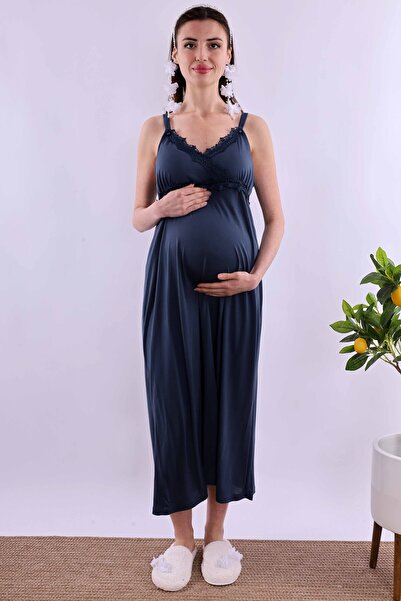 ByLohusa Effortt Lacivert Ip Askılı Hamile Lohusa Gecelik