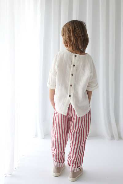Catz Kids Red and White Striped Linen Carrot Pants + White Muslin Pocket Detailed Shirt