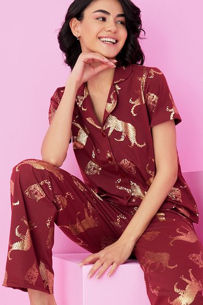 Siyah İnci Costum de pijama cu nasturi tricotat cu imprimeu de tablă de tigru burgundy7846