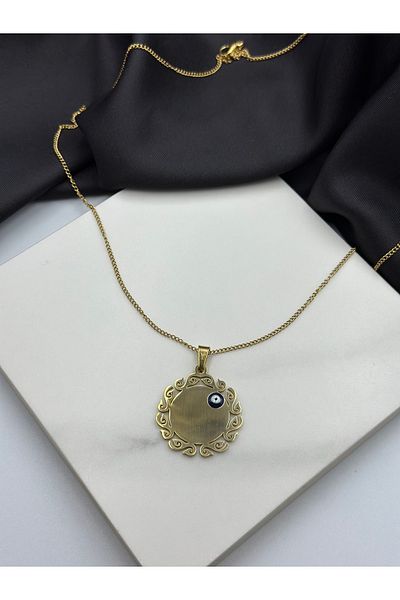 Duéra Gold Gold Color Evil Eye Beaded Lettering Writable Plate Design Steel Necklace Model 2