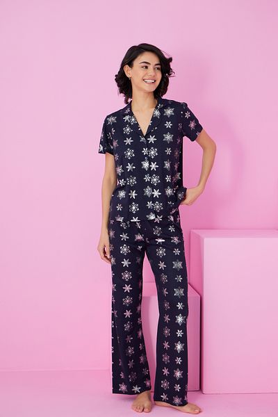 Siyah İnci Navy Blue Snowflake Foil Printed Knitted Buttoned Pajama Set7846