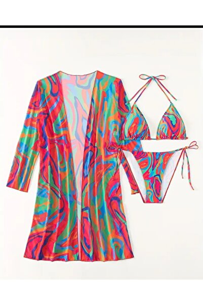 Enanice RENKLİ DESENLİ ŞIK ŞEFFAF FİLE BİKİNİ TAKIMI