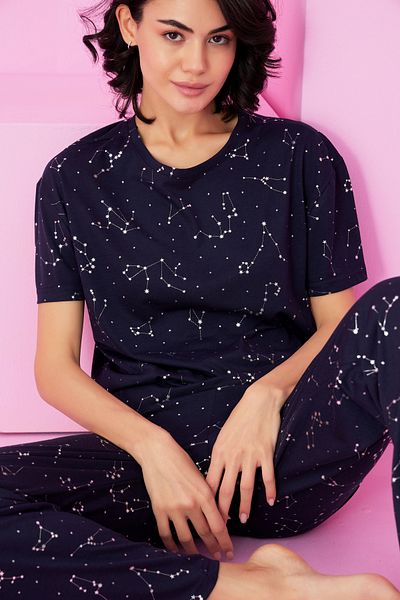 Siyah İnci Navy Blue Little Star Varak Printed Knitted Pajama Suit7845