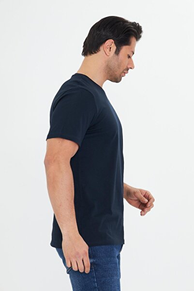 TRENDHİLL Ανδρικό μπλουζάκι από βαμβακερό λαιμόκοψη μεγάλου μεγέθους Navy 5014B-L