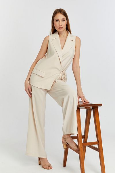Bolivente Beige Regular Fit Lined Woven Vest with Waist Tie Detail