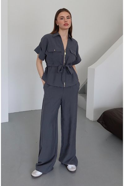 Laluvia Anthracite Front Zippered Belted Suit - 7222