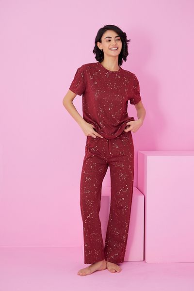 Siyah İnci Costum de pijama tricotat cu imprimeu cu stele burgundy7845
