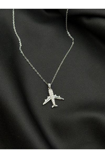 Lumiera Silver Color Airplane Model Travel Pilot Concept Design Steel Necklace