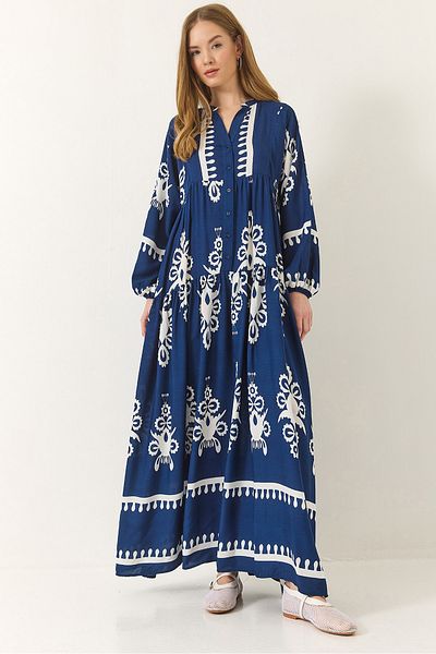 Bianco Lucci Women's V-Neck Button Detailed Patterned Summer Loose Long Viscose Dress 2423 60283228