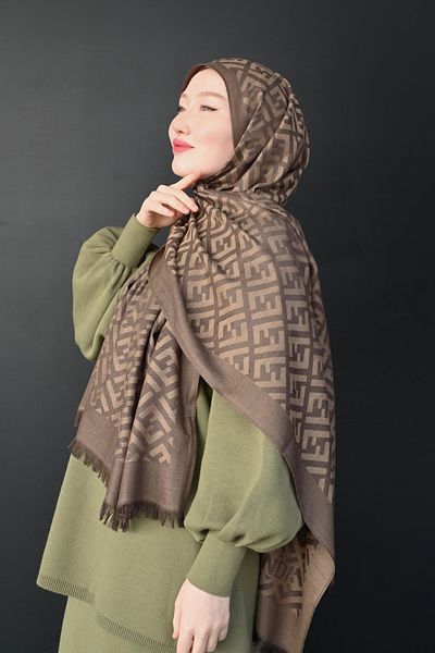 Pull Scarfs Μάλλινο μεταξωτό σάλι F μοτίβο - Dusty Brown