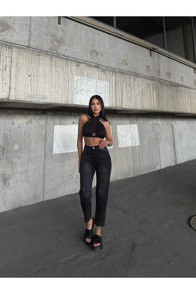 SHEVEGA Women Black Stitched High Laser Ripped Boyfriend Mom Jeans Denim Pants