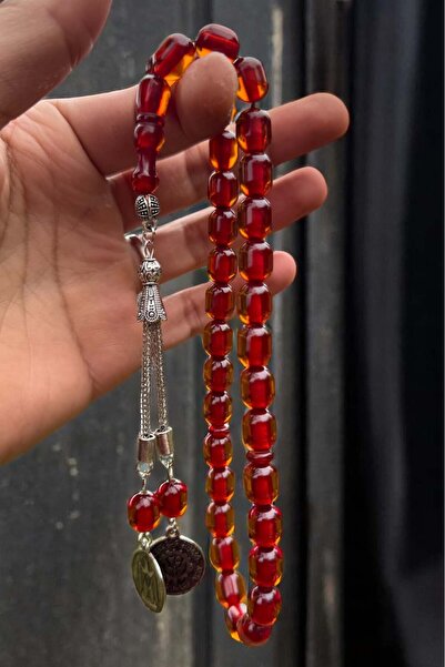 Atolyezone Sertifikalı Usta Işçilikli Sıkma Gümüş Kaplama Şeffaf Kırmızı Ateş Kehribar Tesbih