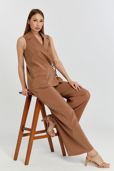 Bolivente Brown Regular Fit Lined Woven Vest with Waist Tie Detail