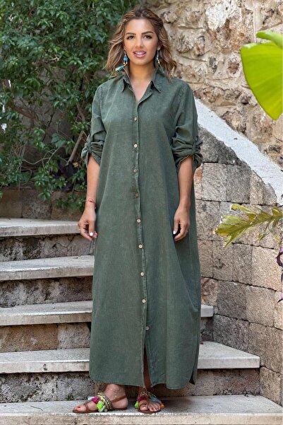 Nevin Kaya Moda Haki Parça Boya Gömlek Elbise