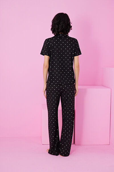 Siyah İnci Black Heart Foil Printed Knitted Buttoned Pajama Suit7846
