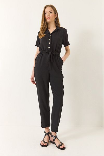 Bianco Lucci Women's Elastic Waist Belted Jacket Collar Button Detailed Summer Jumpsuit 7030 60283227