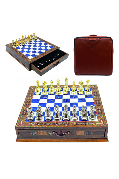 GGS GrandGiftStore Yüksek Kalite Ahşap Satranç Takımı, Metal Satranç Taşı Ve El Işi Çekmeceli Satranç Takımı