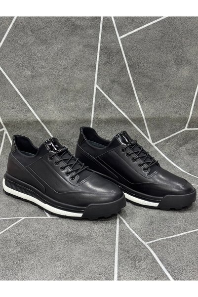 NYZ Black Genuine Leather Rubber Laced Casual Sports Shoes