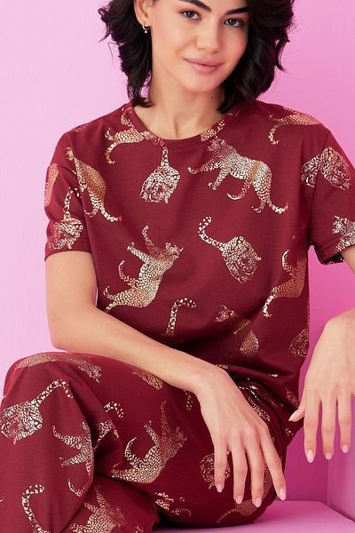 Siyah İnci Burgundy Tiger Varak Printed Knitted Pajama Suit7845