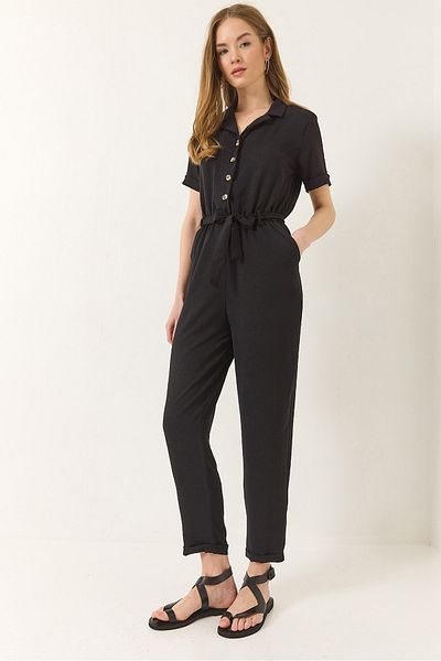 Bianco Lucci Women's Elastic Waist Belted Jacket Collar Button Detailed Summer Jumpsuit 7030 60283227