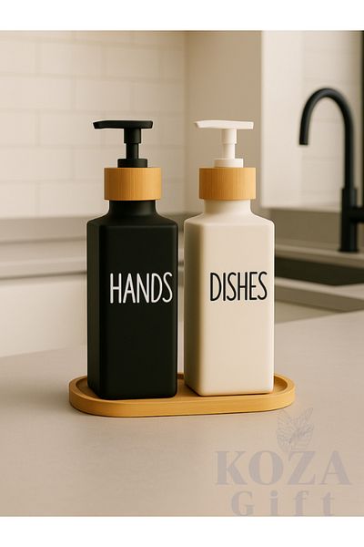 keyfisepet en keyifli sepet Set of 2 Rectangular Porcelain Soap Dishes Black White 500 ml with Wooden Stand Pump